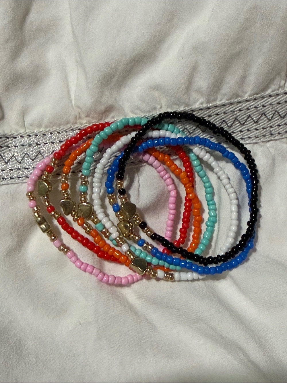7 Stretchy Seed Beaded Bracelets with Gold-Tone Hearts